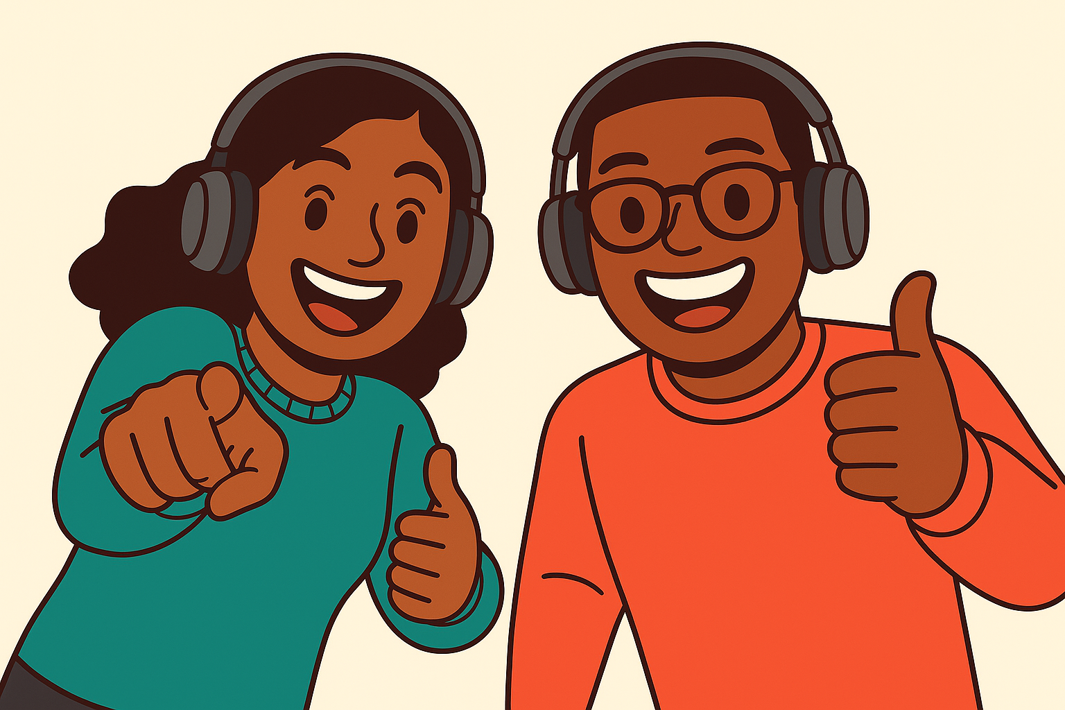 Maya and Leo, the two hosts of the Fluent Tales podcast, smiling and giving a thumbs up
